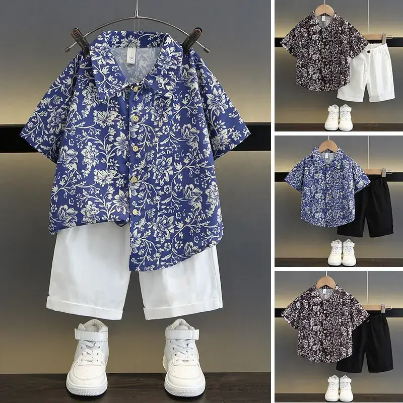 TZ093-suit-rattan flower-short sleeve shirt plus one button shorts-T-shirt children's clothing