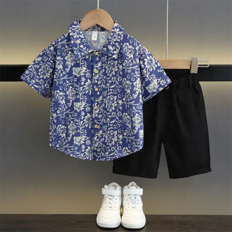 TZ093-suit-rattan flower-short sleeve shirt plus one button shorts-T-shirt children's clothing