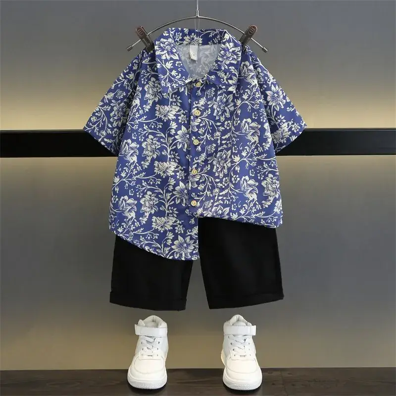 TZ093-suit-rattan flower-short sleeve shirt plus one button shorts-T-shirt children's clothing