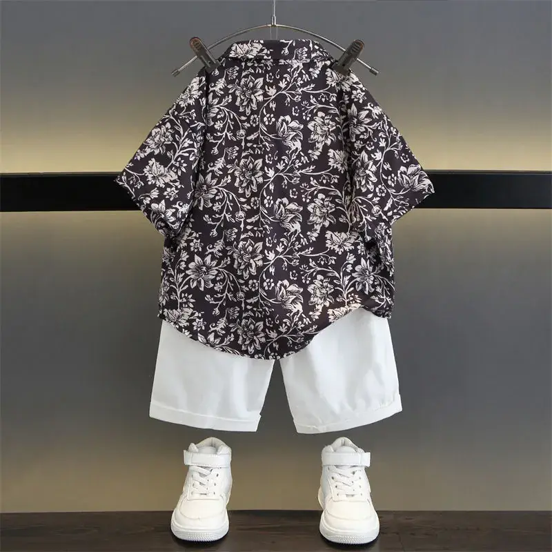 TZ093-suit-rattan flower-short sleeve shirt plus one button shorts-T-shirt children's clothing