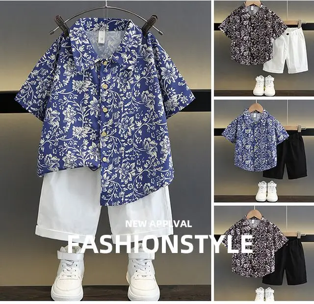 TZ093-suit-rattan flower-short sleeve shirt plus one button shorts-T-shirt children's clothing — feature 1
