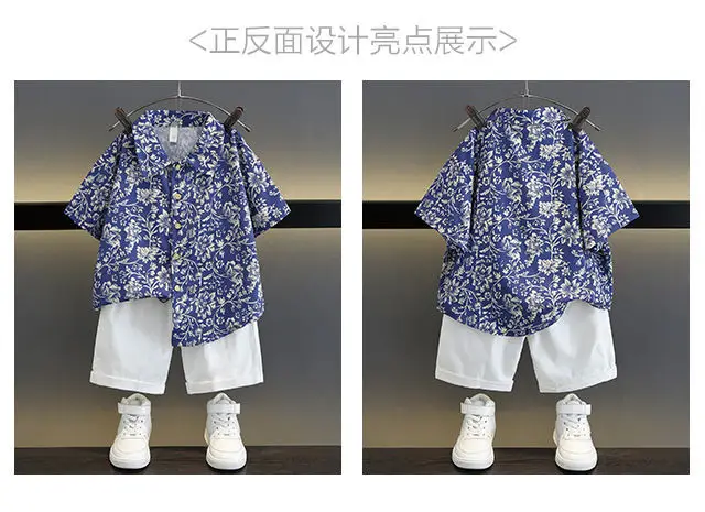 TZ093-suit-rattan flower-short sleeve shirt plus one button shorts-T-shirt children's clothing — feature 2