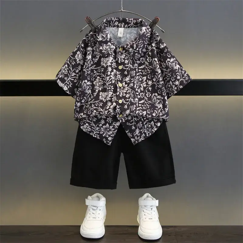 TZ093-suit-rattan flower-short sleeve shirt plus one button shorts-T-shirt children's clothing
