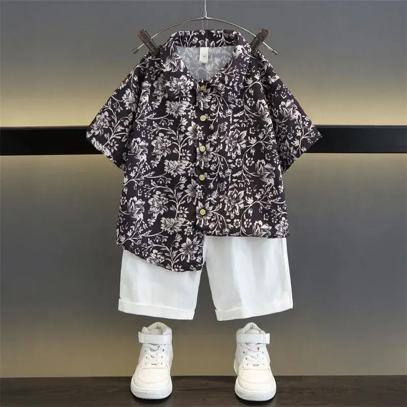 TZ093-suit-rattan flower-short sleeve shirt plus one button shorts-T-shirt children's clothing
