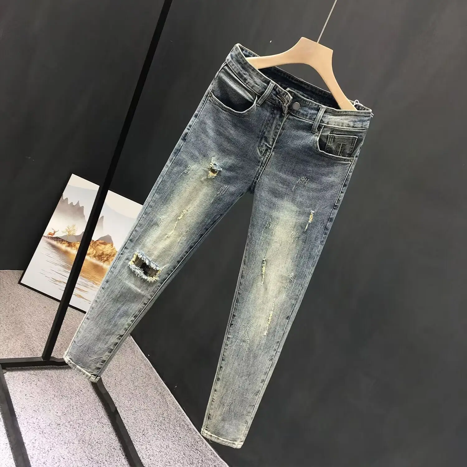 Men's Retro Blue Ripped Jeans Spring Summer Stretch Cropped - Image 3