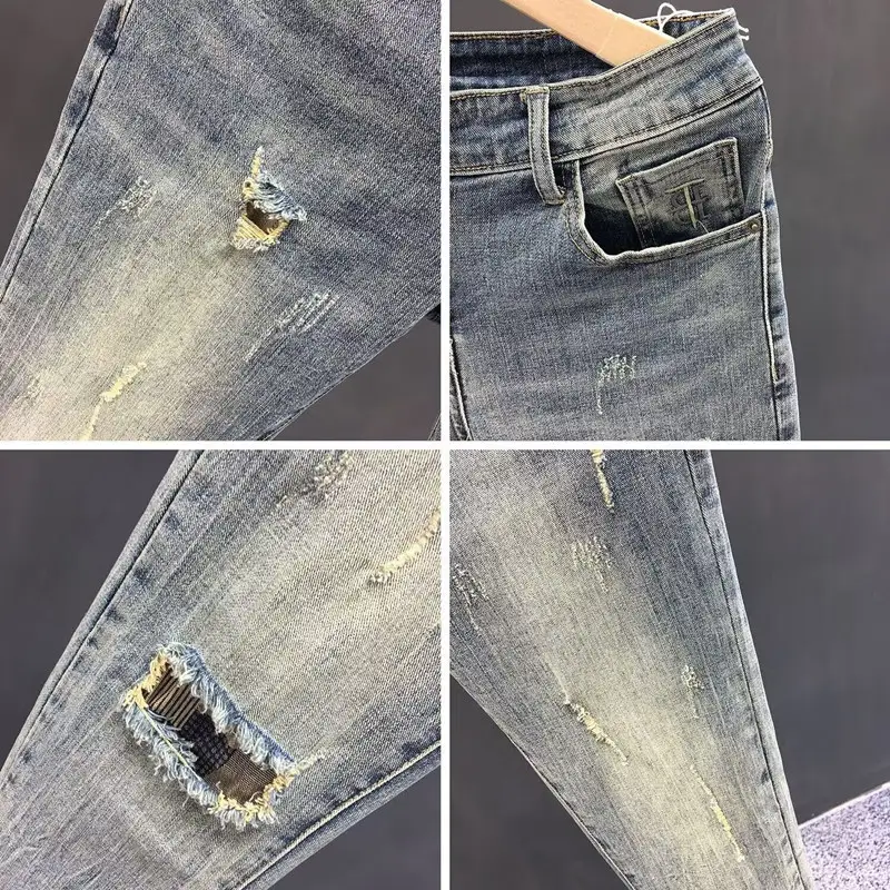 Men's Retro Blue Ripped Jeans Spring Summer Stretch Cropped - Image 5