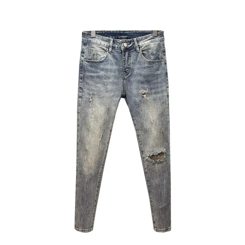 Men's Retro Blue Ripped Jeans Spring Summer Stretch Cropped - Image 6