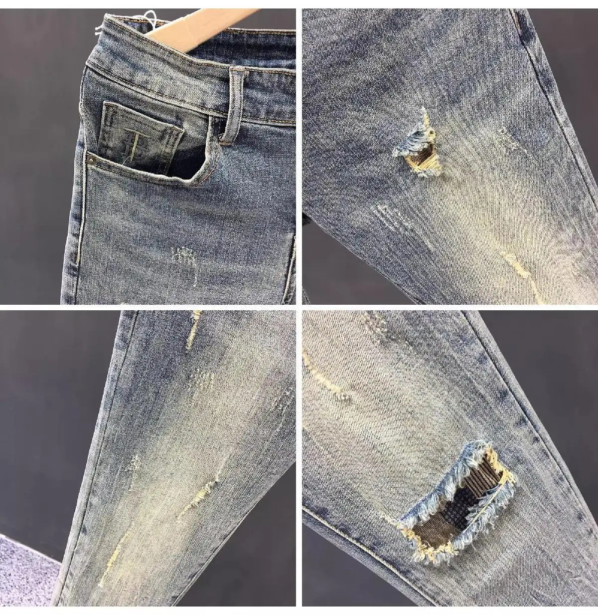 Men's Retro Blue Ripped Jeans Spring Summer Stretch Cropped — feature 3