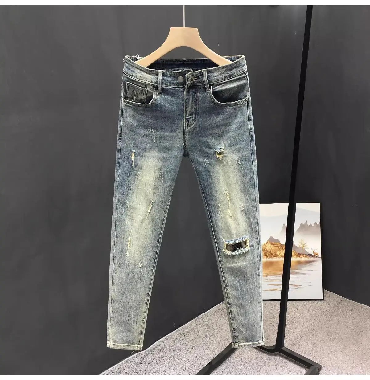 Men's Retro Blue Ripped Jeans Spring Summer Stretch Cropped — feature 4