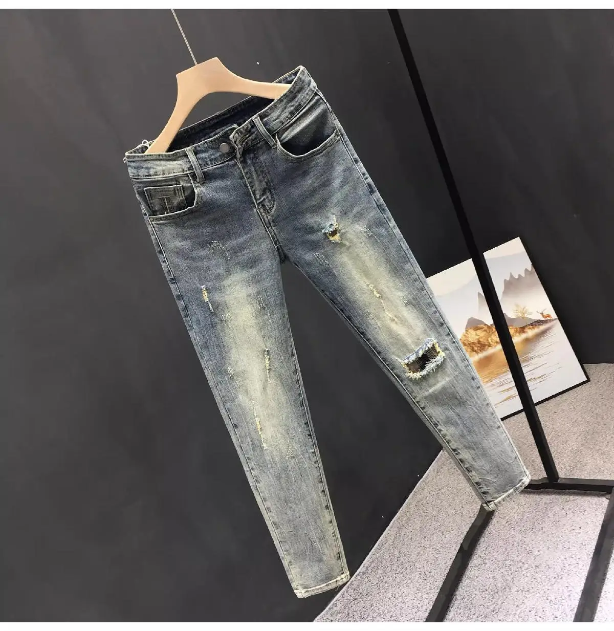 Men's Retro Blue Ripped Jeans Spring Summer Stretch Cropped — feature 5
