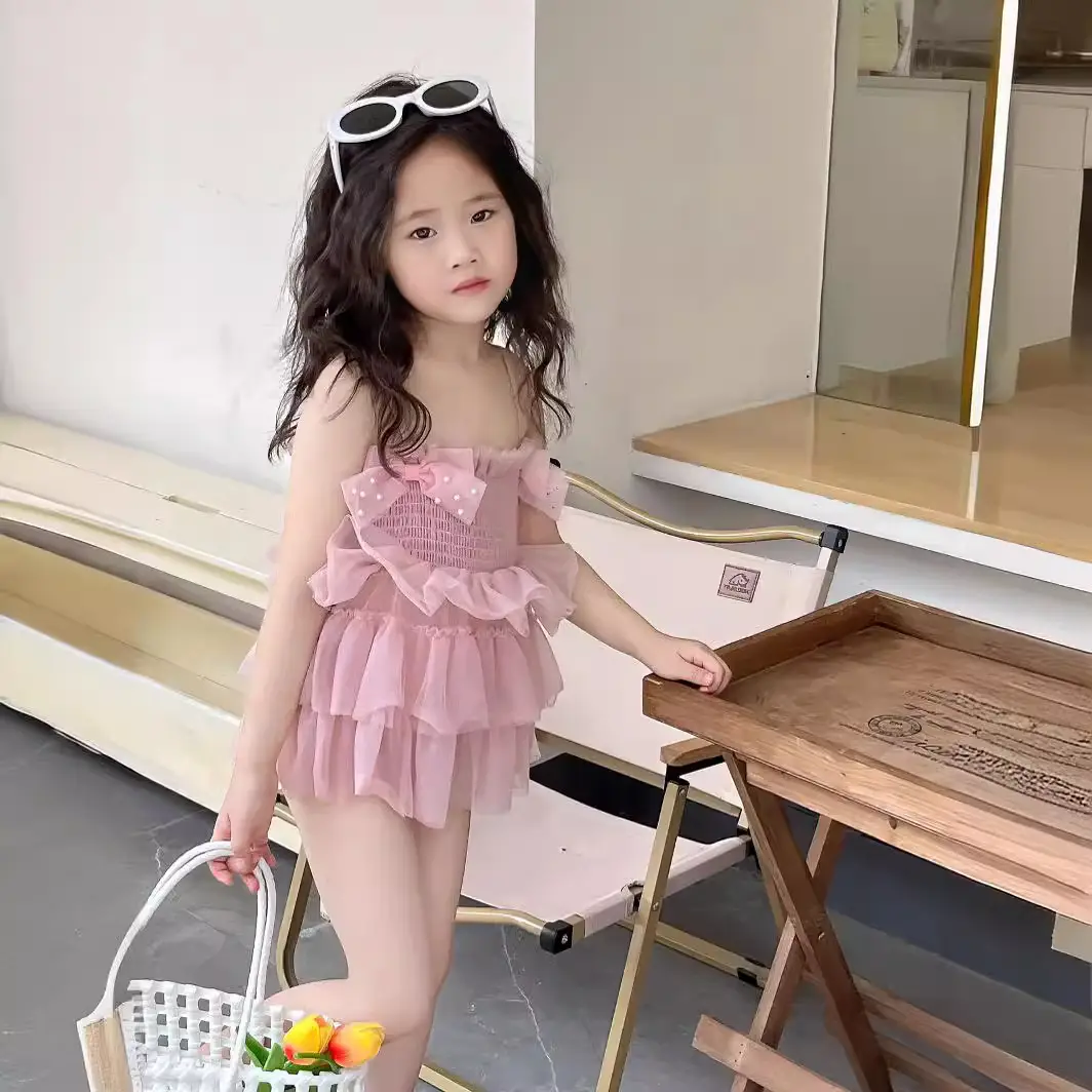 Girls' Pink Lace Stretch One-Piece Skirt Swimsuit - Image 4