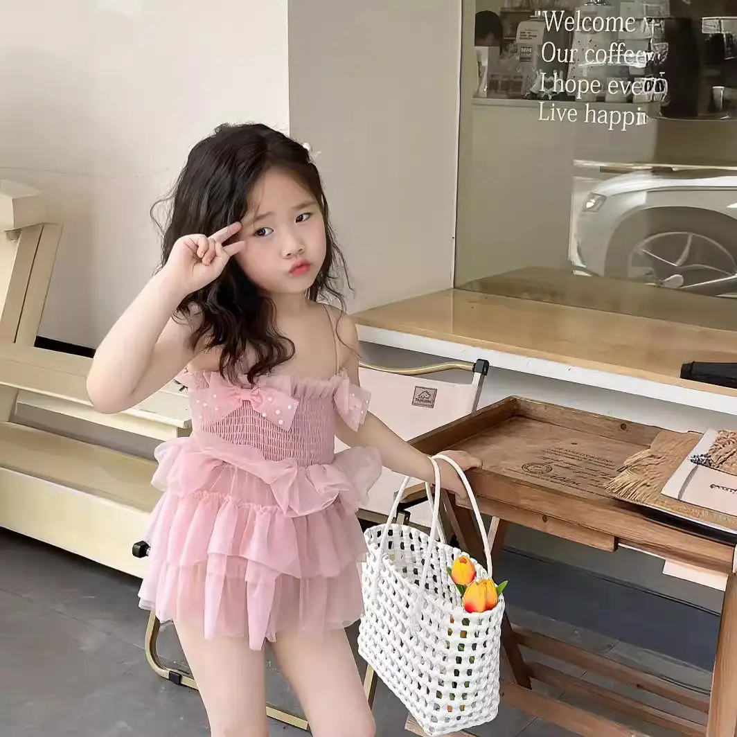 Girls' Pink Lace Stretch One-Piece Skirt Swimsuit - Image 5