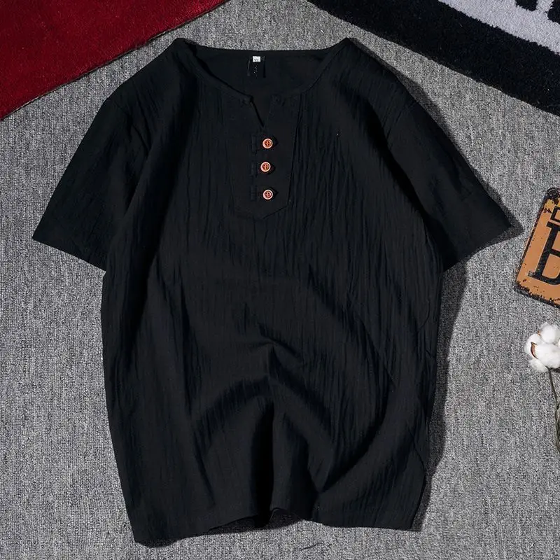 Men Black Linen Short Sleeve T-Shirt Plus Size - Image 8