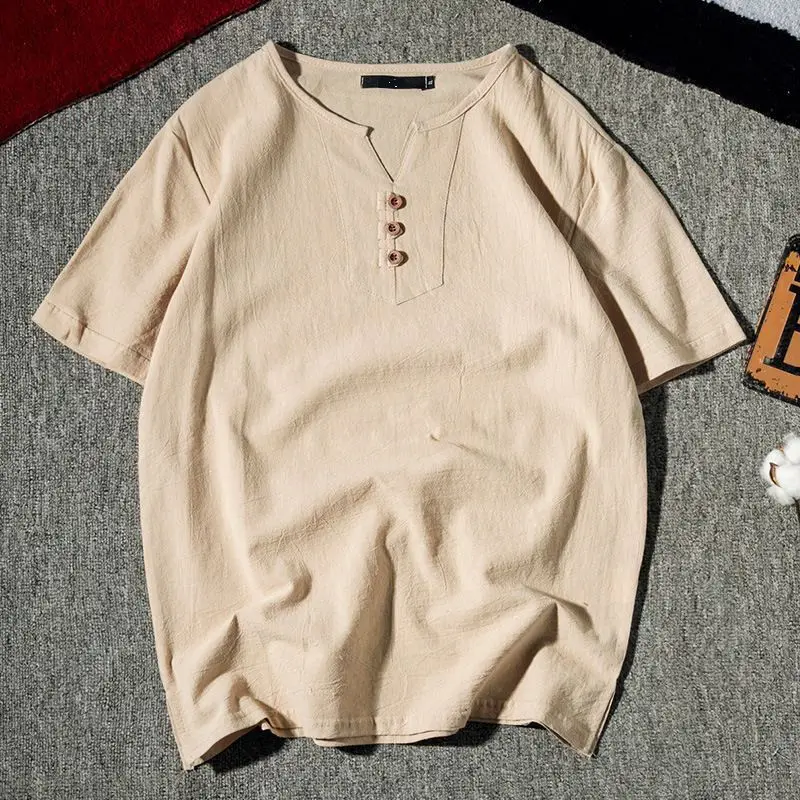 Men Black Linen Short Sleeve T-Shirt Plus Size - Image 9