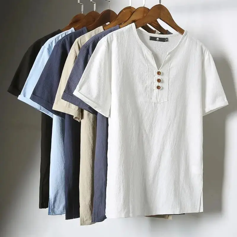 Men Black Linen Short Sleeve T-Shirt Plus Size - Image 10