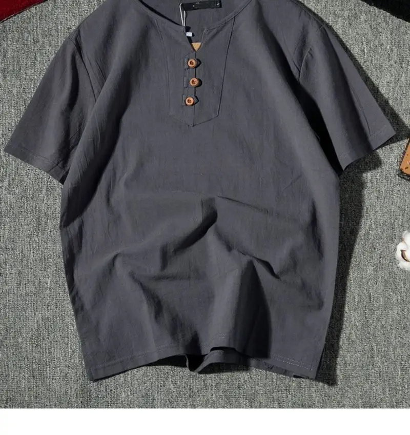 Men Black Linen Short Sleeve T-Shirt Plus Size — feature 12