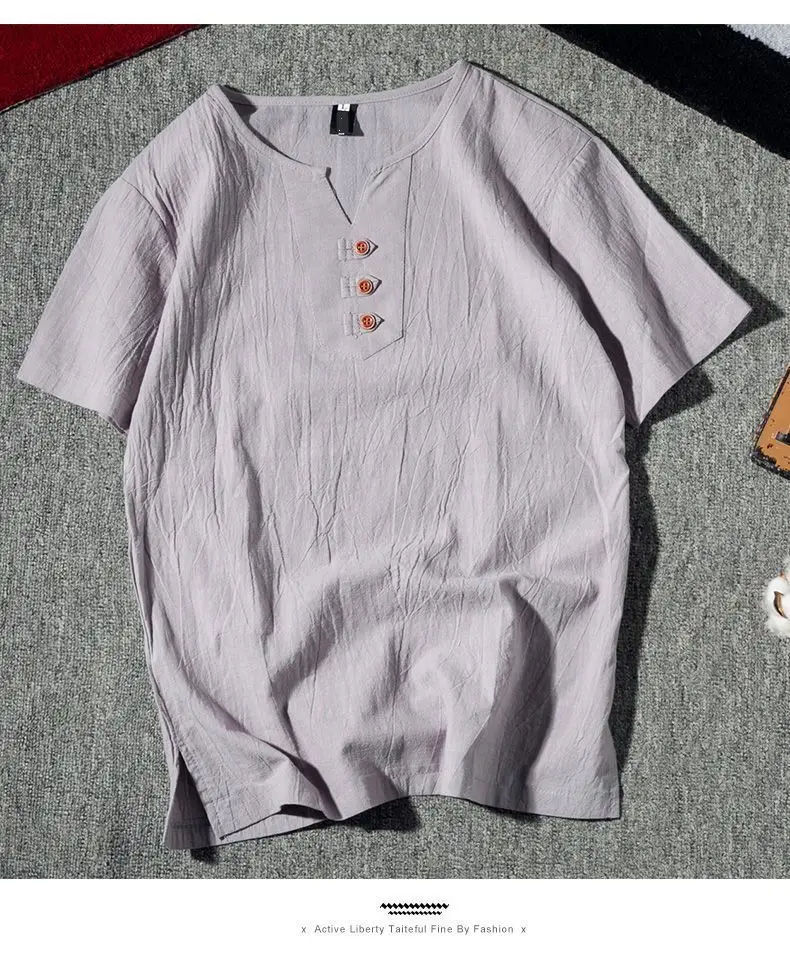 Men Black Linen Short Sleeve T-Shirt Plus Size — feature 13