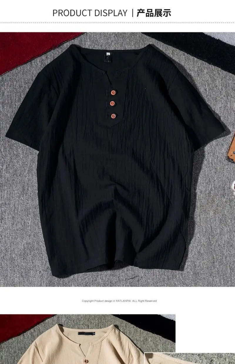 Men Black Linen Short Sleeve T-Shirt Plus Size — feature 9