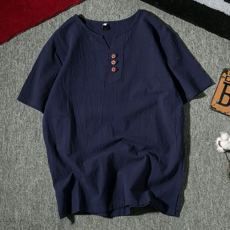 Men Black Linen Short Sleeve T-Shirt Plus Size - Image 4