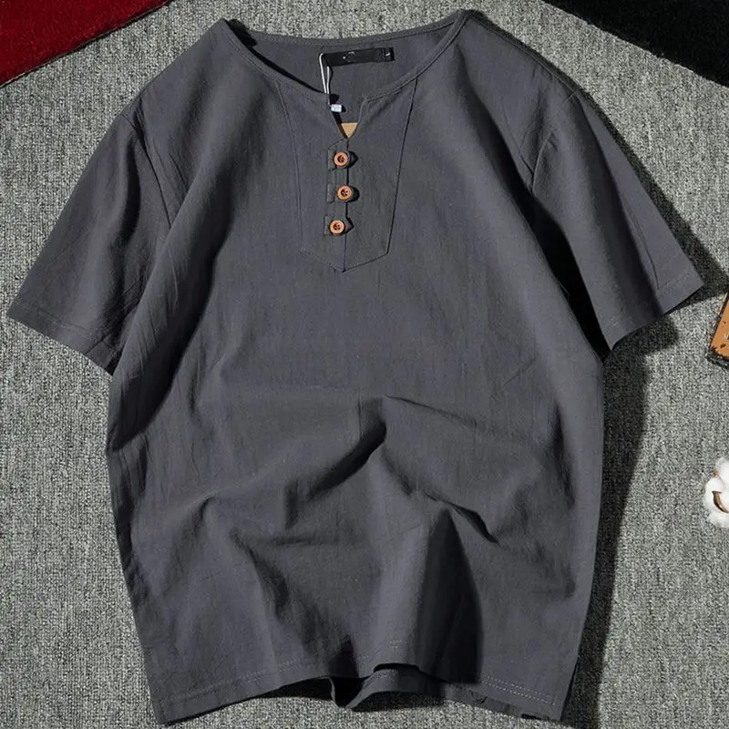 Men Black Linen Short Sleeve T-Shirt Plus Size - Image 5