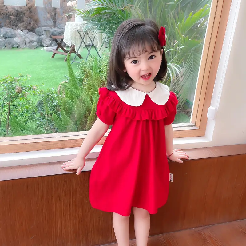 2025 Red Korean Style Doll Collar Puff Sleeve Skirts for Girls - Image 3
