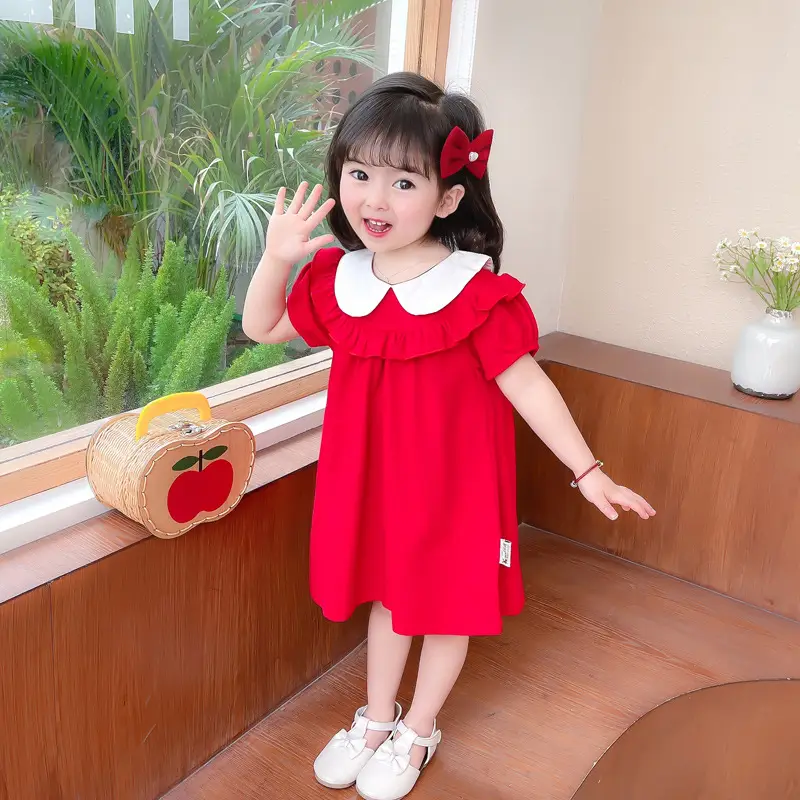 2025 Red Korean Style Doll Collar Puff Sleeve Skirts for Girls - Image 4