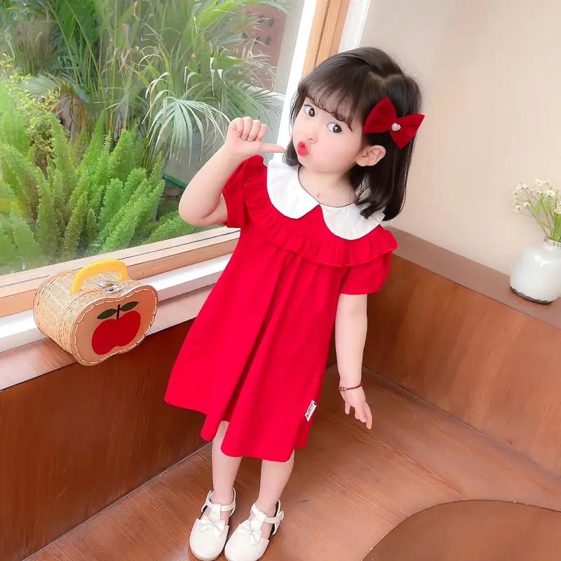 2025 Red Korean Style Doll Collar Puff Sleeve Skirts for Girls - Image 5