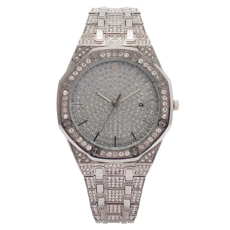 Black Octagonal Diamond Women's Watch with Full Diamond Dial
