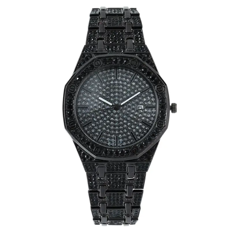 Black Octagonal Diamond Women's Watch with Full Diamond Dial