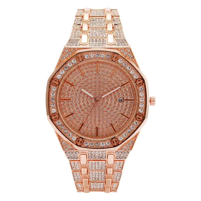 Black Octagonal Diamond Women's Watch with Full Diamond Dial