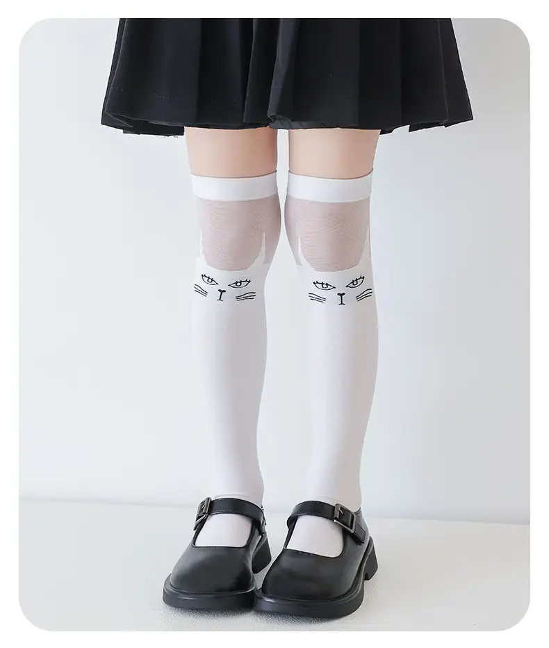 White Cat Print Over-the-Knee Socks for Girls — feature 15