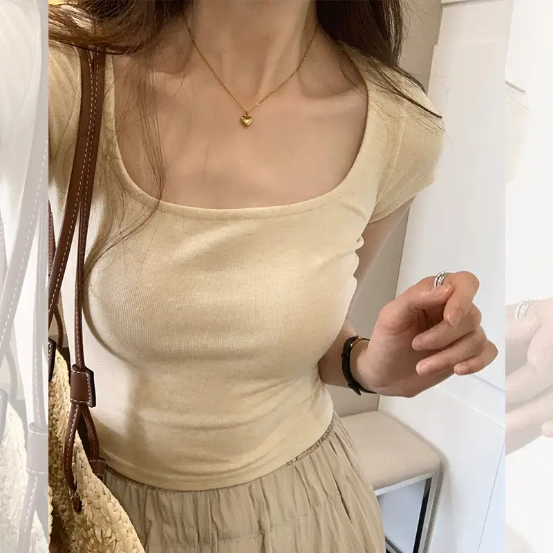Women's Short Sleeve Collar T-Shirt Solid Beige Slim Fit - Image 4