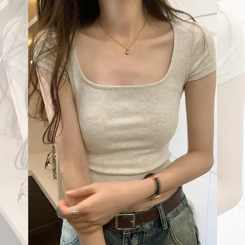 Women's Short Sleeve Collar T-Shirt Solid Beige Slim Fit - Image 6
