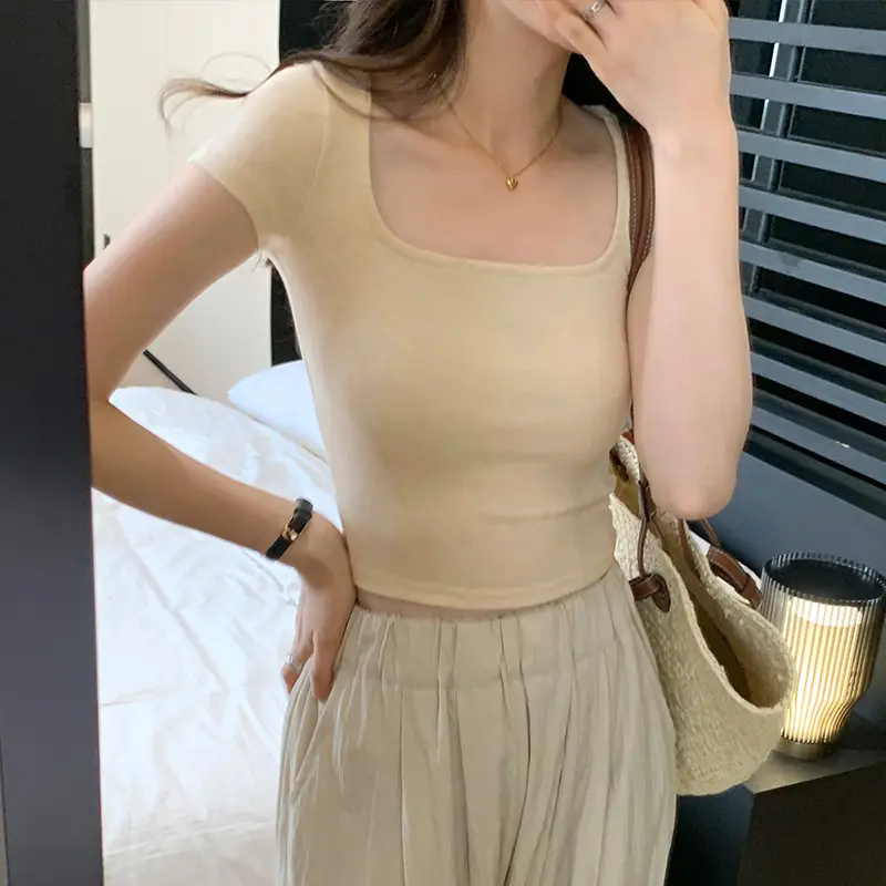 Women's Short Sleeve Collar T-Shirt Solid Beige Slim Fit - Image 7