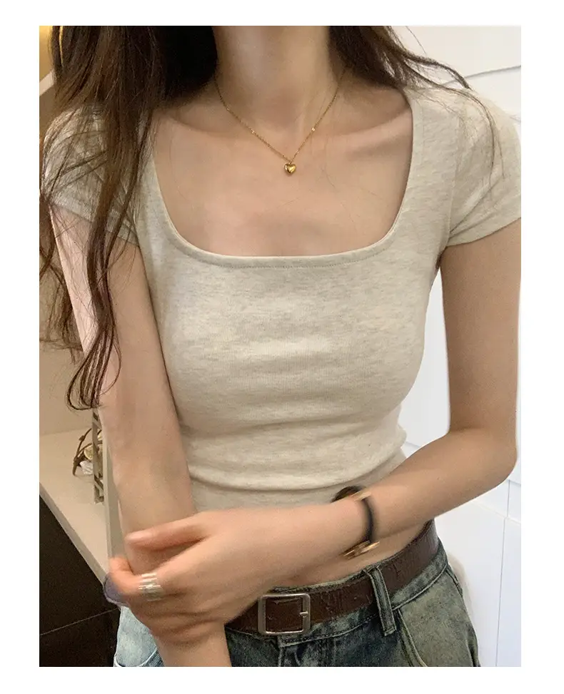 Women's Short Sleeve Collar T-Shirt Solid Beige Slim Fit — feature 1