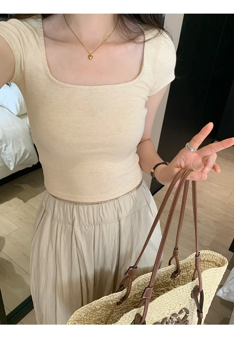 Women's Short Sleeve Collar T-Shirt Solid Beige Slim Fit — feature 10