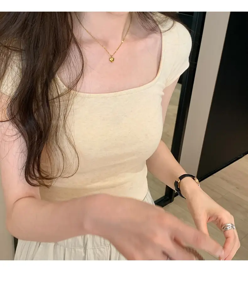 Women's Short Sleeve Collar T-Shirt Solid Beige Slim Fit — feature 11