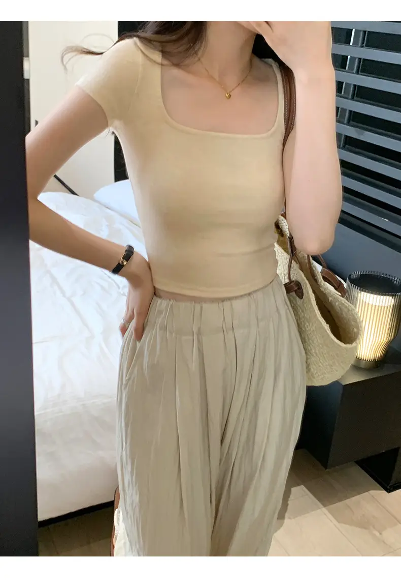 Women's Short Sleeve Collar T-Shirt Solid Beige Slim Fit — feature 12