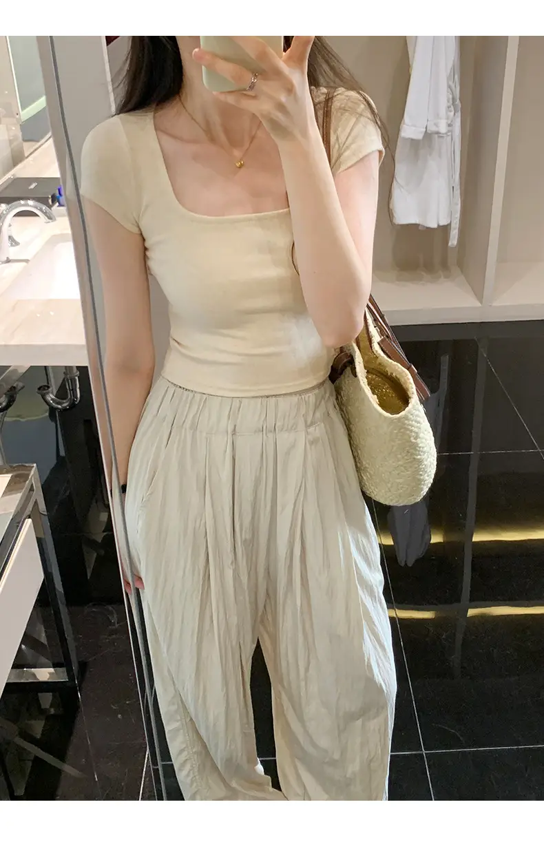 Women's Short Sleeve Collar T-Shirt Solid Beige Slim Fit — feature 13