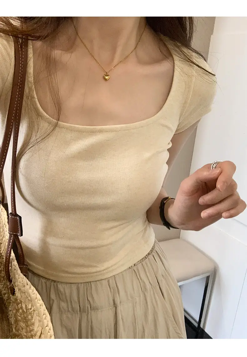 Women's Short Sleeve Collar T-Shirt Solid Beige Slim Fit — feature 8