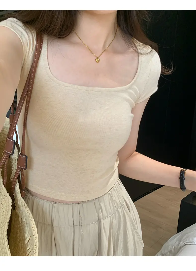 Women's Short Sleeve Collar T-Shirt Solid Beige Slim Fit — feature 9