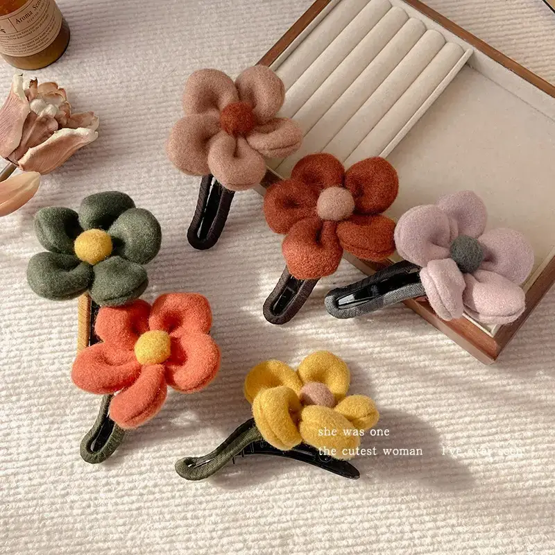 Winter Plush Flower Hairpin with Duckbill Clip - Image 8