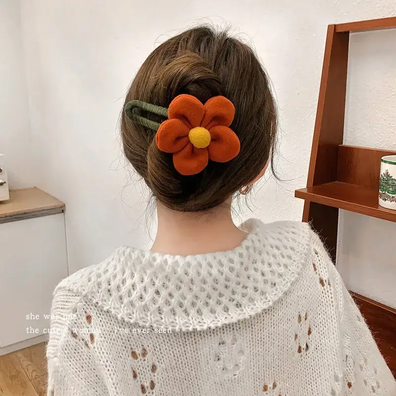 Winter Plush Flower Hairpin with Duckbill Clip - Image 9