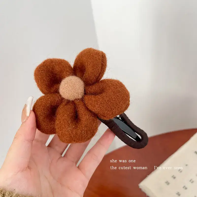 Winter Plush Flower Hairpin with Duckbill Clip - Image 2