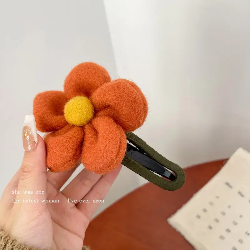 Winter Plush Flower Hairpin with Duckbill Clip - Image 3