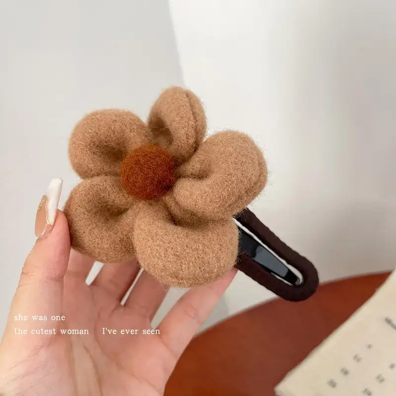 Winter Plush Flower Hairpin with Duckbill Clip - Image 4