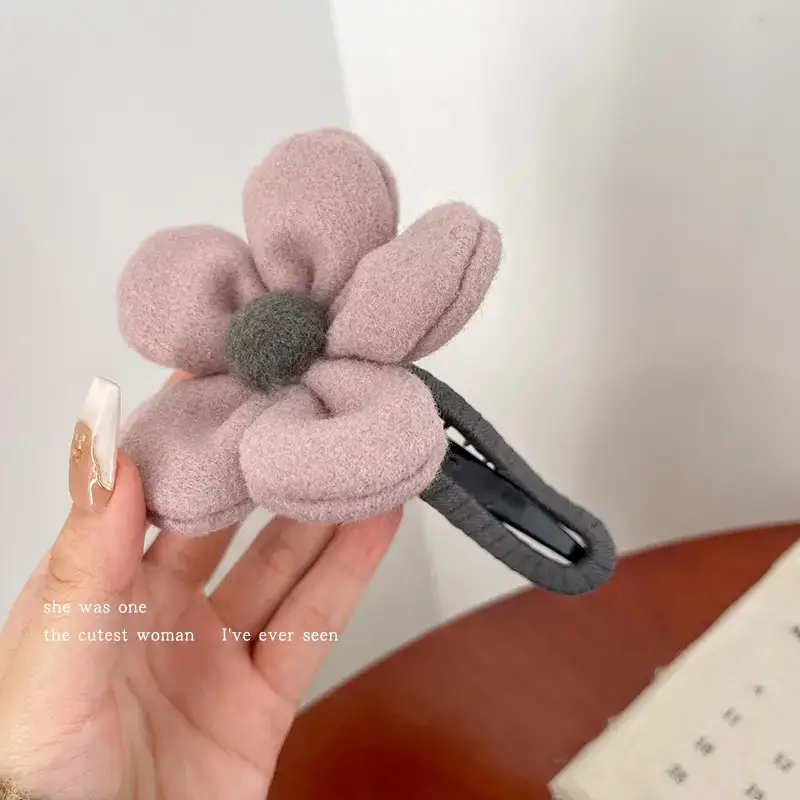 Winter Plush Flower Hairpin with Duckbill Clip - Image 6