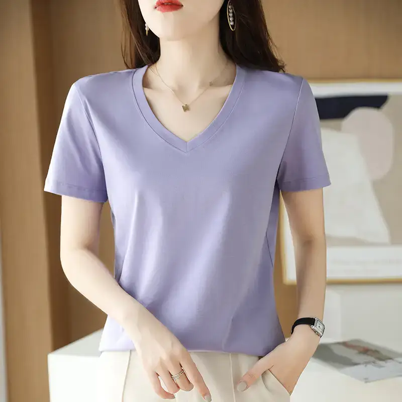 Women's V-neck Cotton T-Shirt Purple Slim Fit - Image 15
