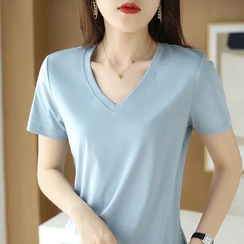 Women's V-neck Cotton T-Shirt Purple Slim Fit - Image 16