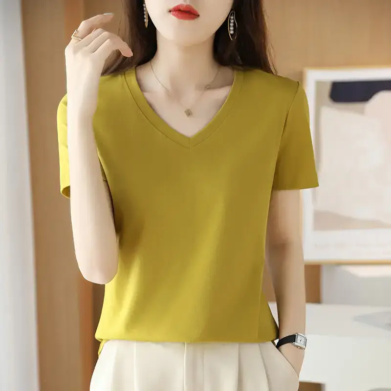 Women's V-neck Cotton T-Shirt Purple Slim Fit - Image 17